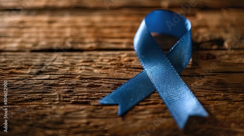 Blue ribbon on old wooden table background. Cancer awareness concept photo