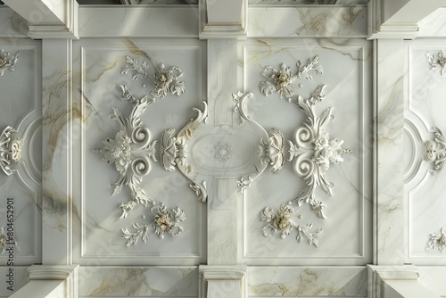 Baroque, barocco ornate marble ceiling non linear reformation design. elaborate ceiling with intricate accents depicting classic elegance and architectural beauty photo