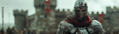 An image of a knight in full armor, with a medieval castle in the background, with copy space 8K , high-resolution, ultra HD,up32K HD photo