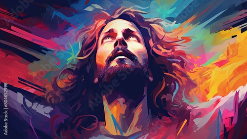 This expressive interpretation of Jesus exudes a sense of dynamic movement and emotion through the use of flowing lines and brushstrokes in cool color tones. The intricate, decorative patterned