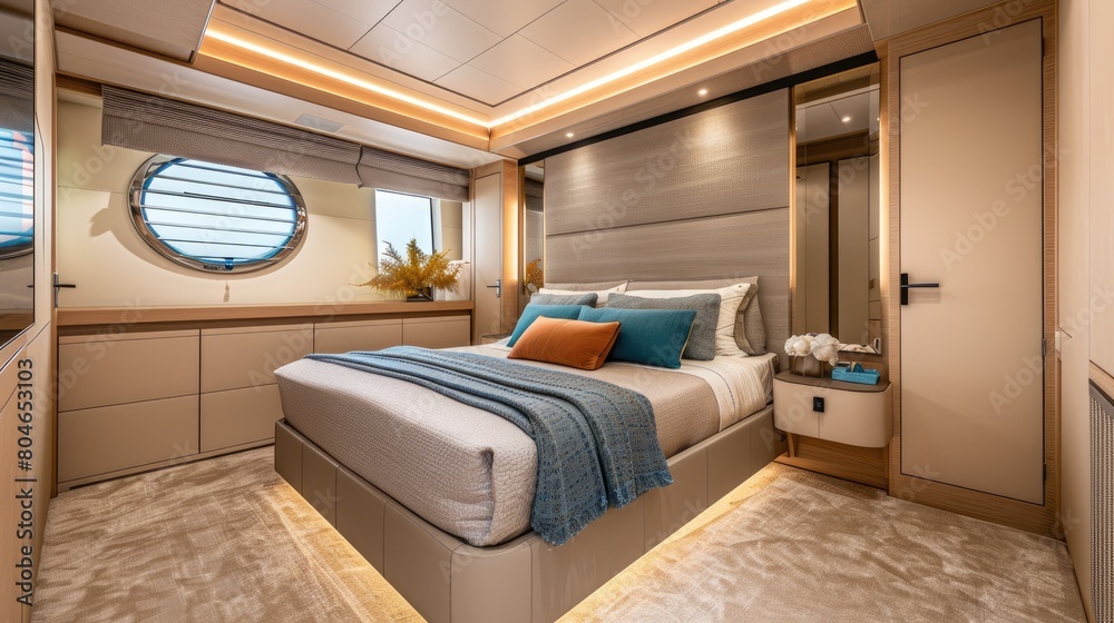 a bedroom within a newly designed home, characterized by its architecturally inspired layout and soothing neutral tones, punctuated with vibrant blue accents adorning the bed linen and pillows. a bedroom within a newly designed home, characterized by its architecturally inspired layout and soothing neutral tones, punctuated with vibrant blue accents adorning the bed linen and pillows.