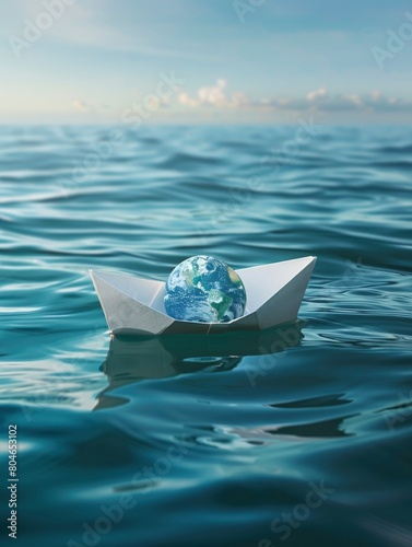 Earth world in a paper boat floating in the ocean. Faith or religion conceptual theme and copy space - generative ai