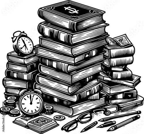 A pile of books black outline illustration.