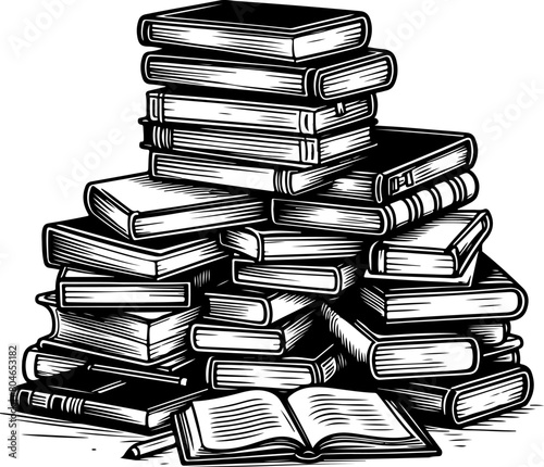 A pile of books black outline illustration.