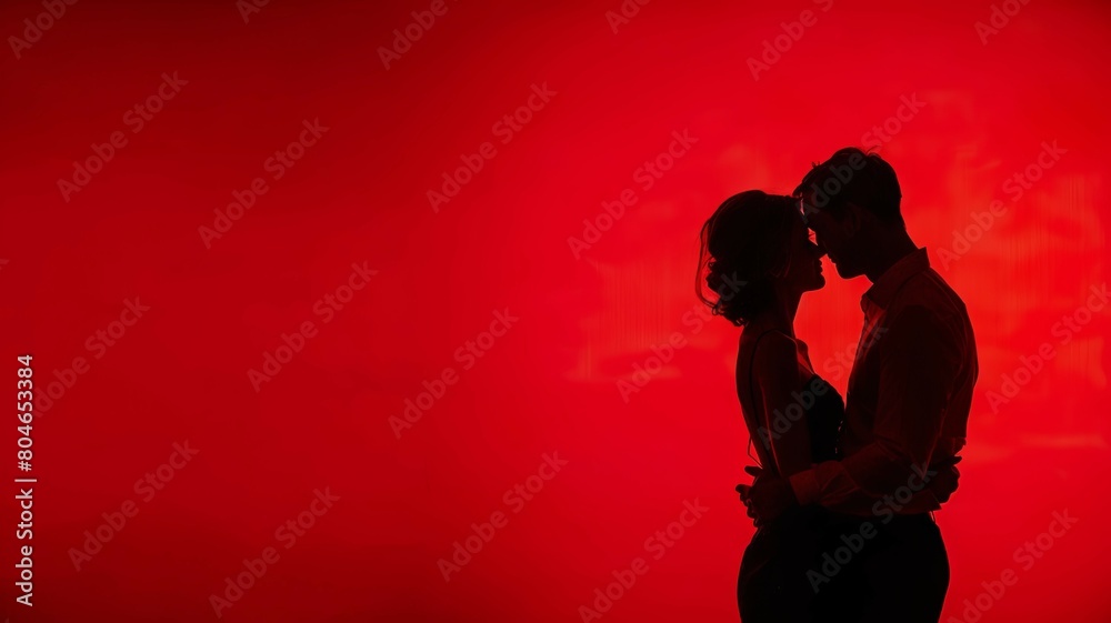 A silhouette of a passionate embrace takes center stage against a vivid crimson background, creating a striking and evocative image. The vibrant hues and empty space make it perfect for use in