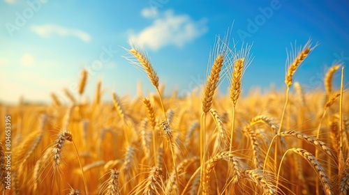 A field of golden wheat blowing in the wind under a blue sky with white clouds.