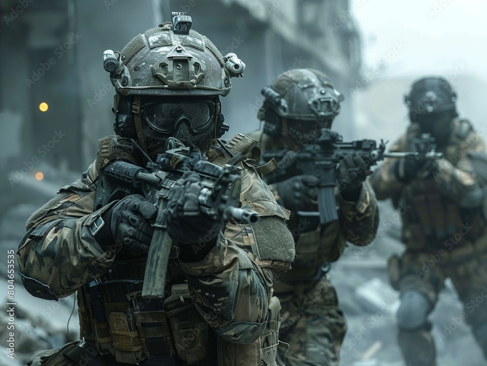 Special forces operatives in full gear, advancing cautiously through a wartorn city 8K , high-resolution, ultra HD,up32K HD Special forces operatives in full gear, advancing cautiously through a wartorn city 8K , high-resolution, ultra HD,up32K HD