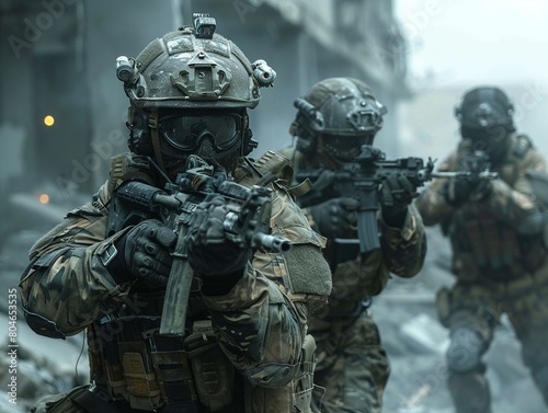 Special forces operatives in full gear, advancing cautiously through a wartorn city 8K , high-resolution, ultra HD,up32K HD