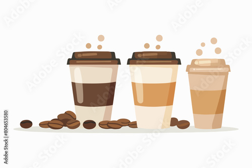 Illustration of three glasses with coffee drinks on a white background. Coffee beans near a cup of aromatic black coffee.