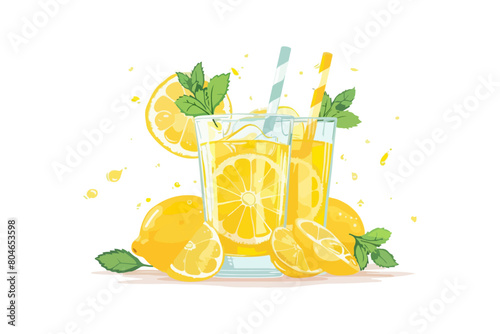 Illustration of fresh lemonade with lemon slices and mint leaves. Summer refreshing drink.
