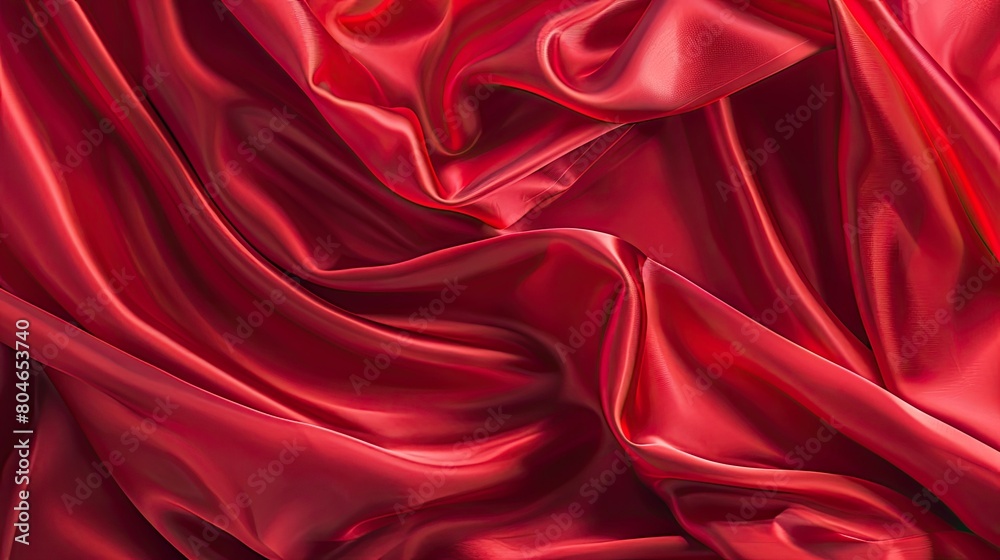 A luxurious red silk satin fabric drapes with soft elegant folds over a bright backdrop of opulent luxury Its design features graceful wavy lines perfect for creating a beautiful and elegan