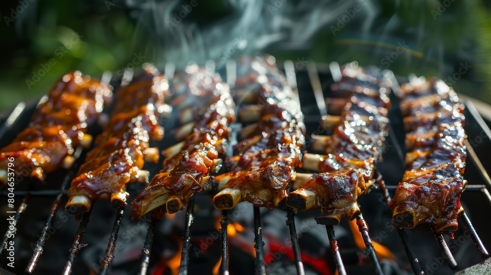 Sizzling pork ribs cooking on an outdoor grill, filling the air with irresistible aromas.