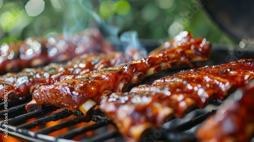 Sizzling pork ribs cooking on an outdoor grill, filling the air with irresistible aromas."