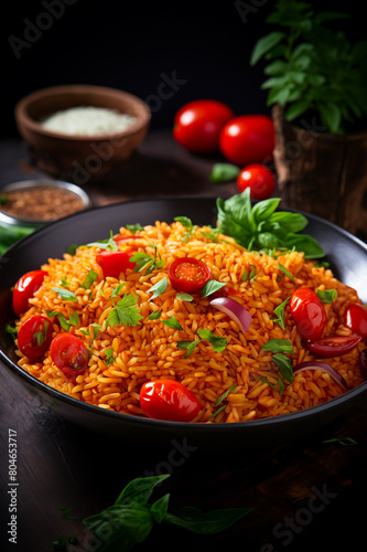 Tomato Rice. Fluffy long-grain rice with tomatoes, red onion, herbs, and spices. Side dish on a plate. Vertical, side view on dark background.