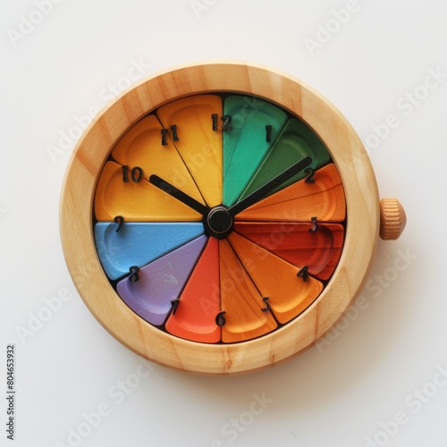 A wooden clock with a rainbow-hued dial adds a playful touch to any space photo