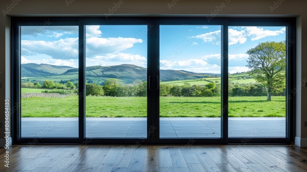 Naklejka premium modern living room in North Wales, featuring expansive glass doors that offer panoramic views of the picturesque rolling green pastures, majestic hills, and the endless expanse of blue sky.