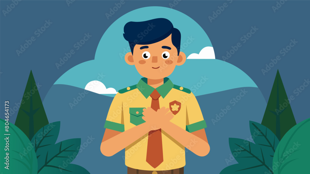 A scout placing a hand over their heart in a moment of silent reflection during the retirement ceremony a sign of reverence and gratitude.. Vector illustration A scout placing a hand over their heart in a moment of silent reflection during the retirement ceremony a sign of reverence and gratitude.. Vector illustration