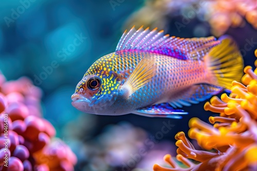 Dottyback in aquarium with blue water and corals