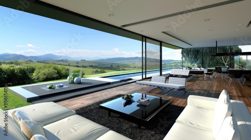 modern living room in North Wales, featuring expansive glass doors that offer panoramic views of the picturesque rolling green pastures, majestic hills, and the endless expanse of blue sky.