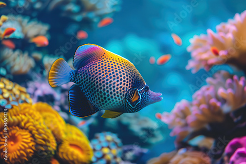 Jaw triggerfish in aquarium with blue water and corals