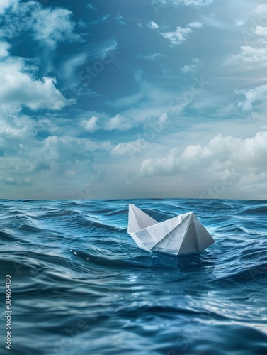 Earth world in a paper boat floating in the ocean. Faith or religion conceptual theme and copy space - generative ai