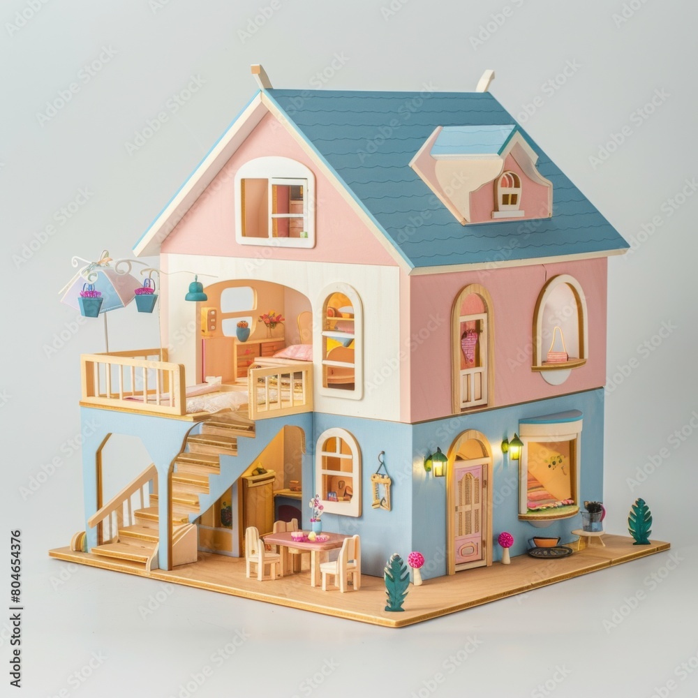 A charming dollhouse featuring a staircase leading up to a quaint balcony A charming dollhouse featuring a staircase leading up to a quaint balcony