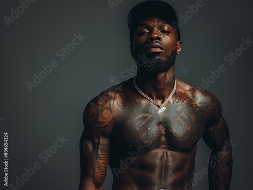 A portrait of a shirtless rapper with a muscular body and a cap, representing the hiphop culture, with copy space 8K , high-resolution, ultra HD,up32K HD