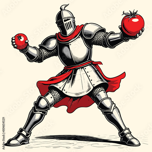 A Knight Throwing Tomato and Wearing Medieval Armor Engraved Style