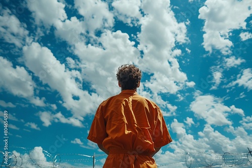 A rear view of a prisoner in an orange jumpsuit, looking out at the sky from the penitentiary 8K , high-resolution, ultra HD,up32K HD photo