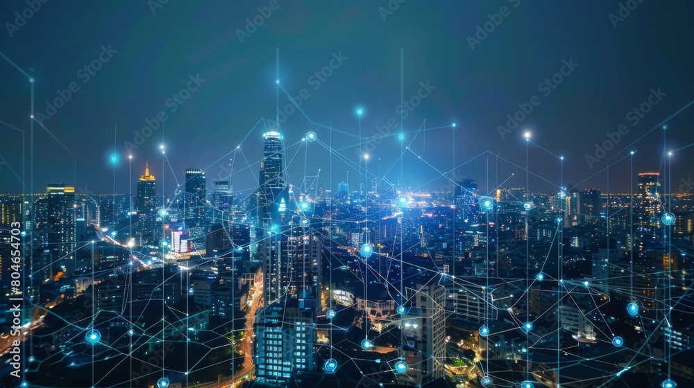Smart city connection dot point connect with line network, technology metaverse concept.Big data connection technology. Telecommunication
