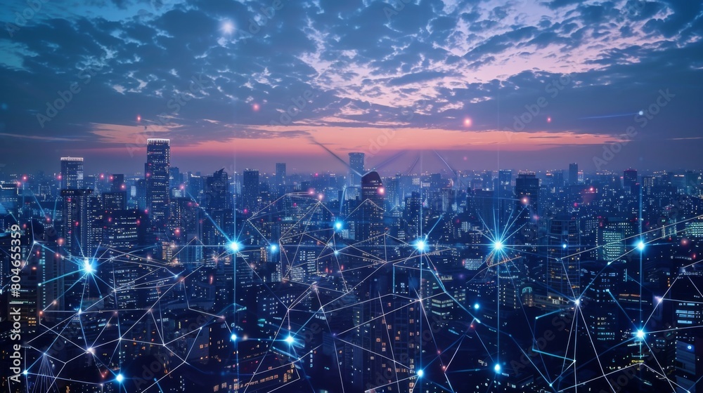 Smart digital city with connection network reciprocity over the cityscape . Concept of future smart wireless digital