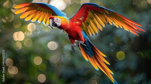 Brightly Colored Macaw Flying Over Rainforest, Freedom in Motion, YouTube Thumbnail, Text Space on Left, Vivid Bird Realism