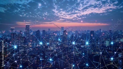 Smart digital city with connection network reciprocity over the cityscape . Concept of future smart wireless digital