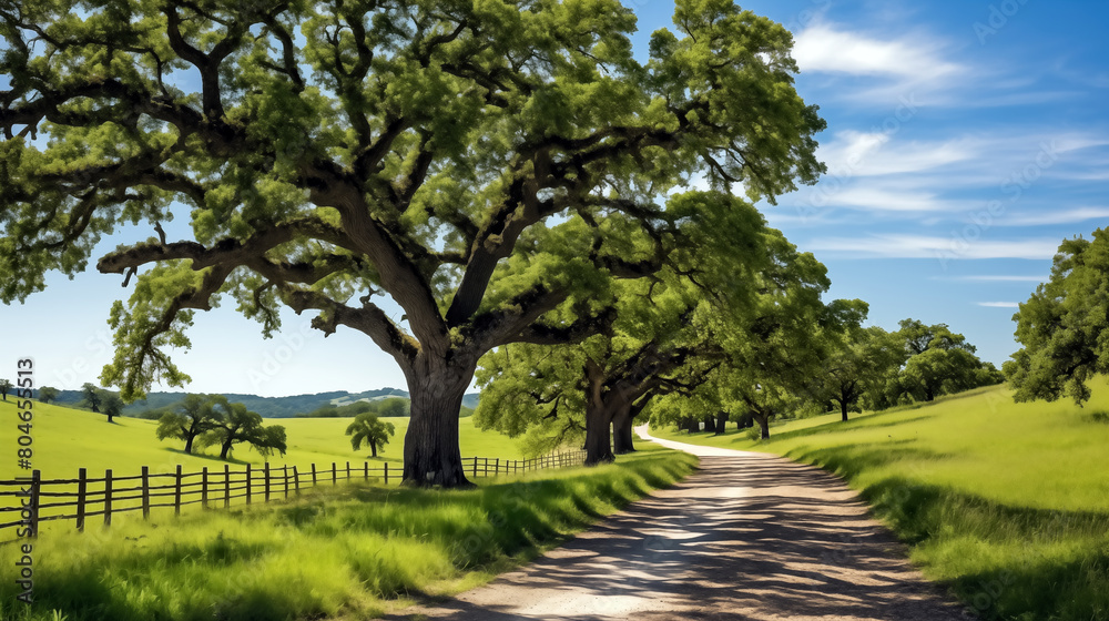 Country road through a field of oak trees and a wooden fence. Country road through a field of oak trees and a wooden fence.