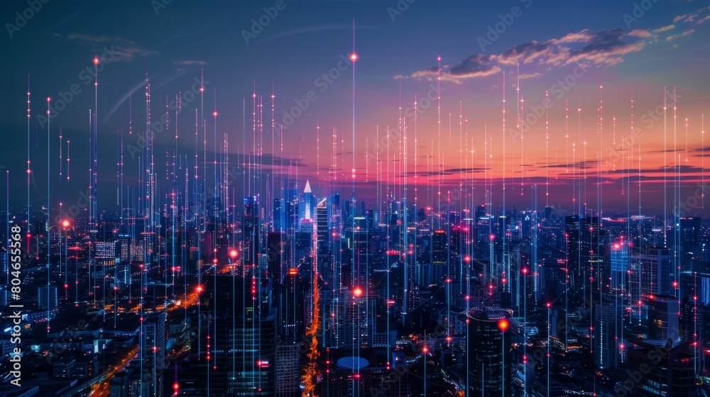 Fototapeta premium Smart digital city with connection network reciprocity over the cityscape . Concept of future smart wireless digital