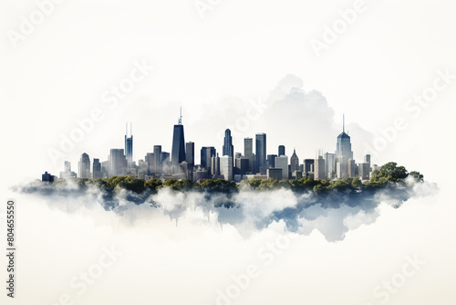 A breathtaking aerial view of a city skyline with skyscrapers reaching into the clouds, isolated on solid white background.