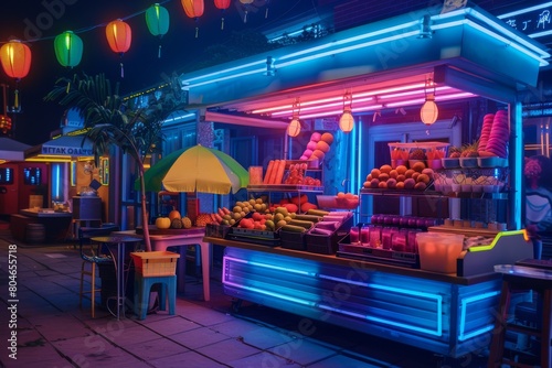 Neon-Lit Fruit Stand at Night