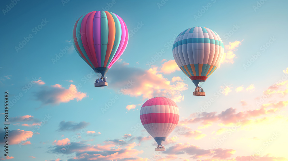Fototapeta premium Colorful hot air balloons ascend into sky dotted with fluffy clouds at sunset creating vibrant and picturesque scene
