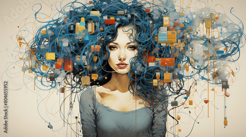 A woman with long blue hair is surrounded by a lot of colorful objects