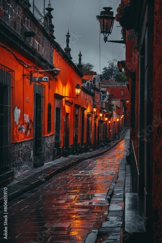 Mexican architecture. juicy red and black colors in night street, center of the city on a rainy day © Yevhen