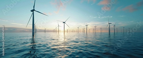 Tranquil Seascape: Wind Turbines Stand Tall Against a Sunset Over a Calm Blue Ocean (Offshore Wind Farm)
