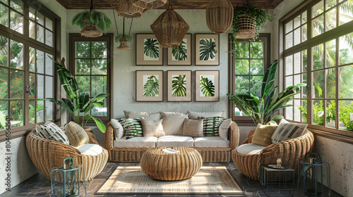 A tranquil farmhouse conservatory with wicker furniture and hanging plants, complemented by a mockup frame featuring botanical watercolor paintings.