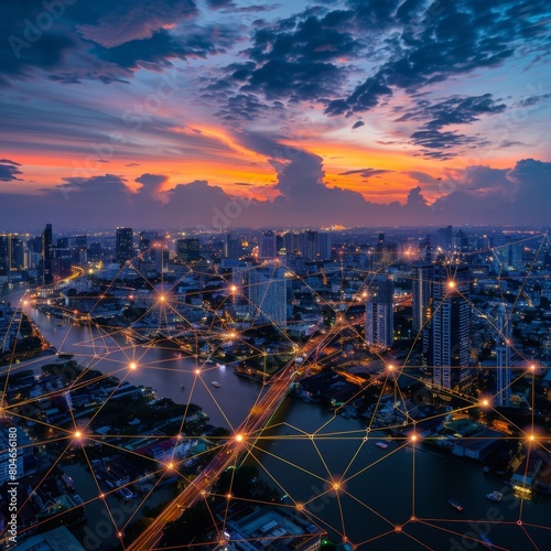 Smart network and connection technology concept with Bangkok city background at dusk in Thailand  Panorama view