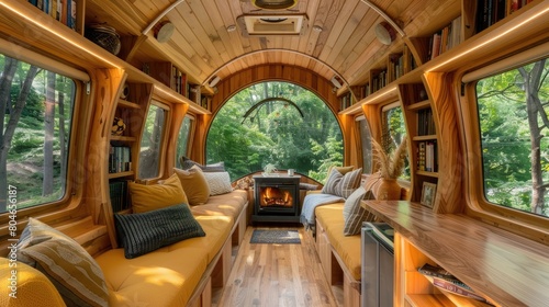 a cozy van life interior  featuring warm wood walls and ceiling  a comfortable sofa adorned with plush pillows  a small fireplace  bookshelves lining the walls  a serene forest.