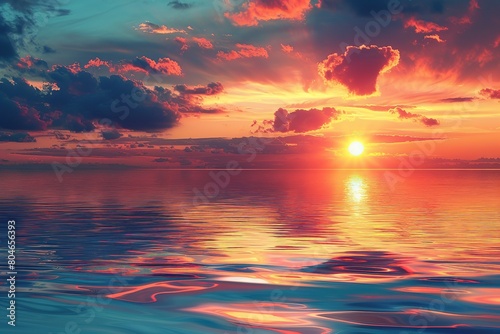 Calm ocean with sunrise sky and sun rays