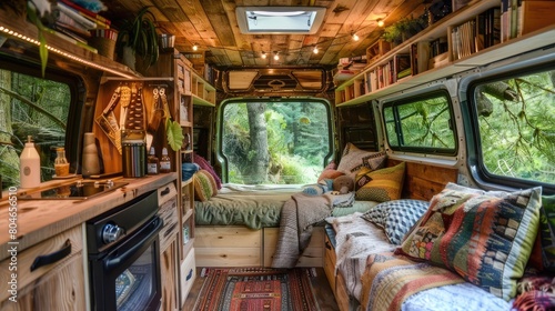 a cozy van life interior, featuring warm wood walls and ceiling, a comfortable sofa adorned with plush pillows, a small fireplace, bookshelves lining the walls, a serene forest.