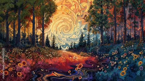 Whirlwind Sky over a Lush Flower-Filled Forest