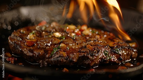 A juicy steak sizzles in a flaming hot pan, filling the room with an irresistible aroma. This tantalizing culinary sight promises a satisfying meal. photo
