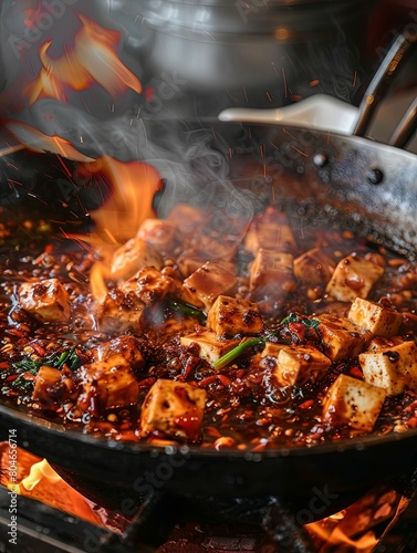 A flaming pan sizzles with a vibrant and spicy Mapo tofu dish, a cherished Chinese recipe known for its fiery Sichuan peppers and tender tofu. The perfect blend of cultural heritage and tantalizing photo