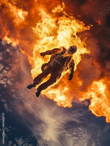 A thrilling depiction of a skydiver plunging through a fiery sky, showcasing the rush of freefall and the perilous heights in a breathtaking sunset backdrop.